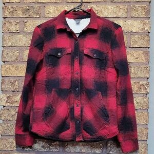 Eddie Bauer Women's Sherpa Lined Plaid Jacket XS Red Black Flannel Cozy